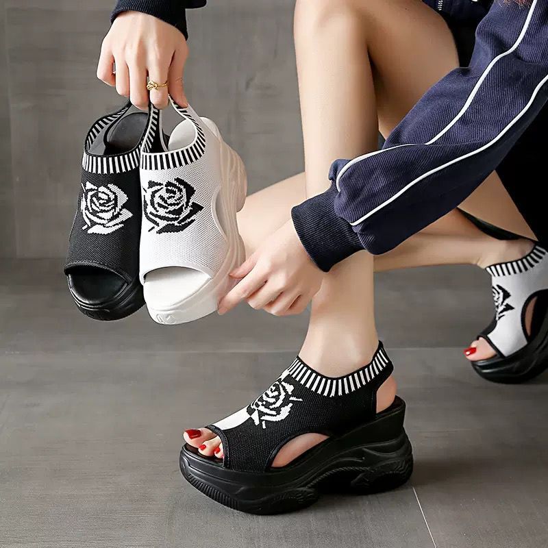 Wedges sandals Rose Flower tINGGI 9Cm Sandal Wanita Casual Black White Fashion Korea WG8077