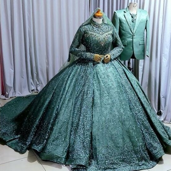 Diskon Sepasang Gaun Pengantin Hijau Wardah Lengkap Jas