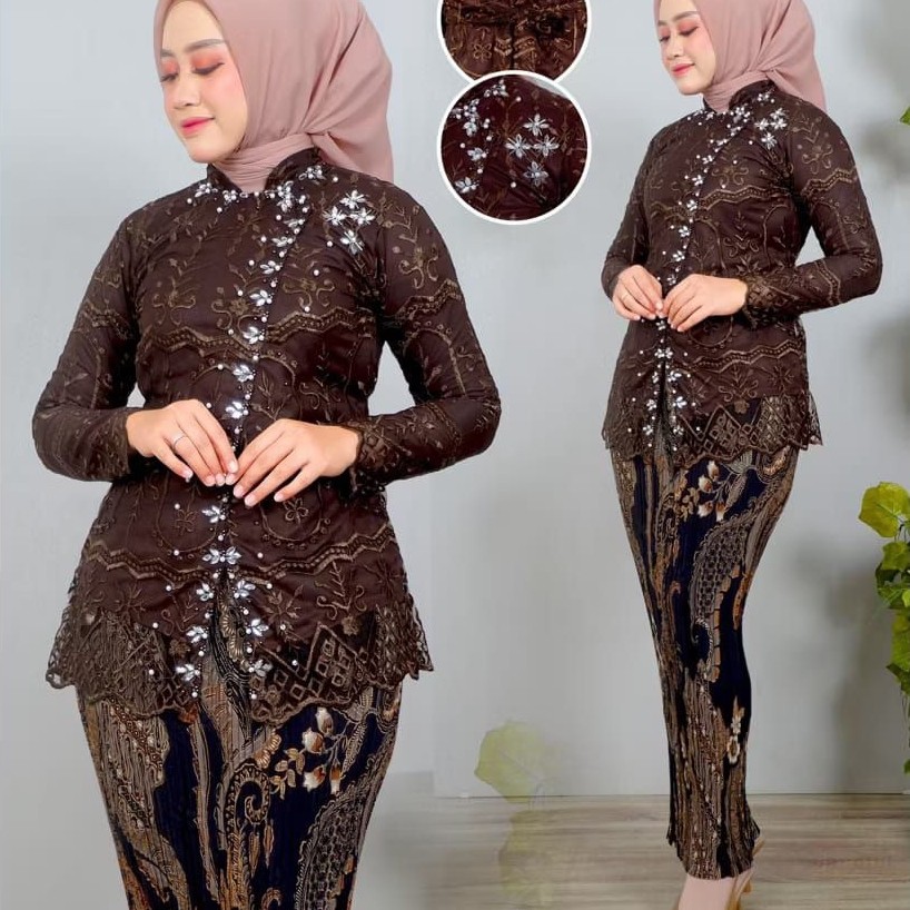 Set Kebaya Modern Tille Payet dan Rok Plisket Batik, Atasan Pesta Wisuda Akad, Tersedia Ukuran M hin