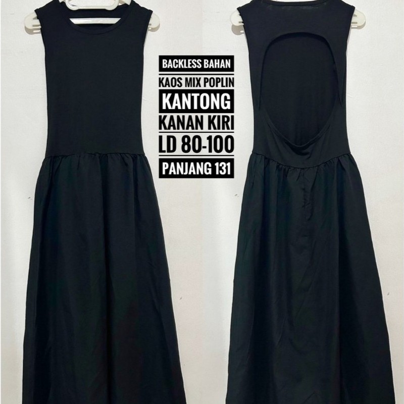 Dress Backless bahan kaos mix poplin premium megar pantai santai hitam panjang