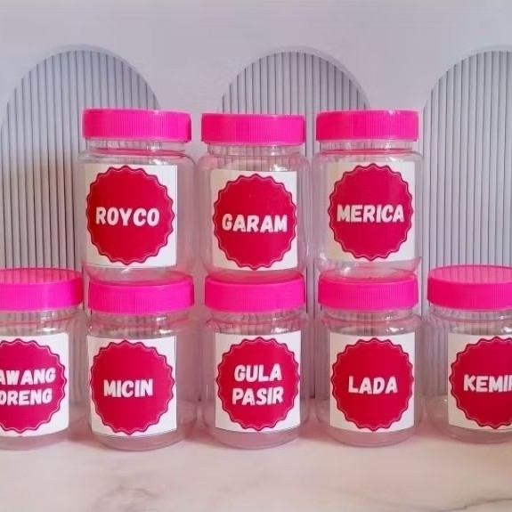 Toples Bumbu Dapur 200ml bulat pink - stiker Pink dengan Sendok