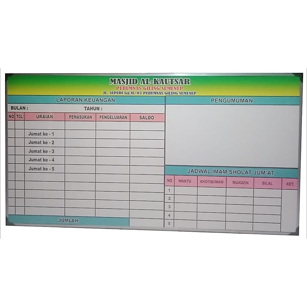 PAPAN INFORMASI MASJID UK.150X80 CM