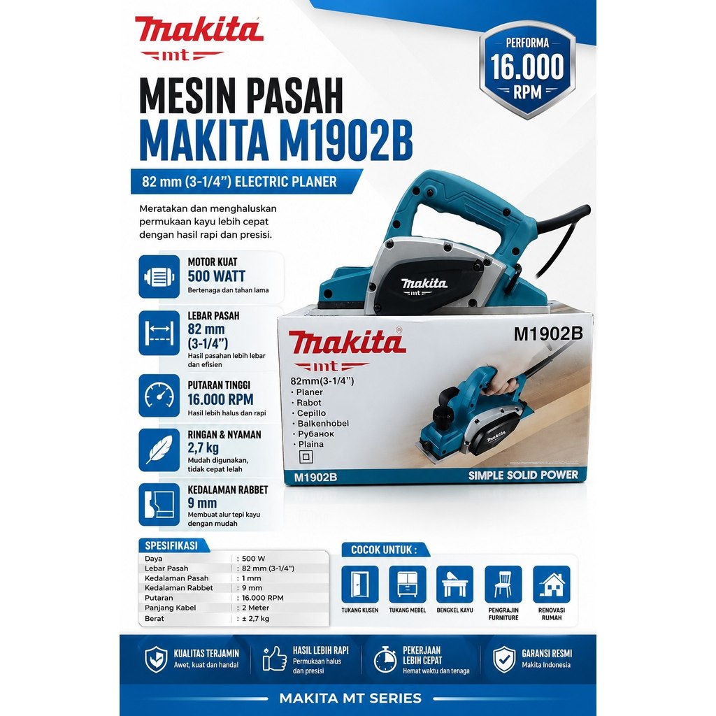 MAKITA M1902B Serut Kayu Planer Ketam Pasah Sugu M 1902 B M 1902B M1902 B