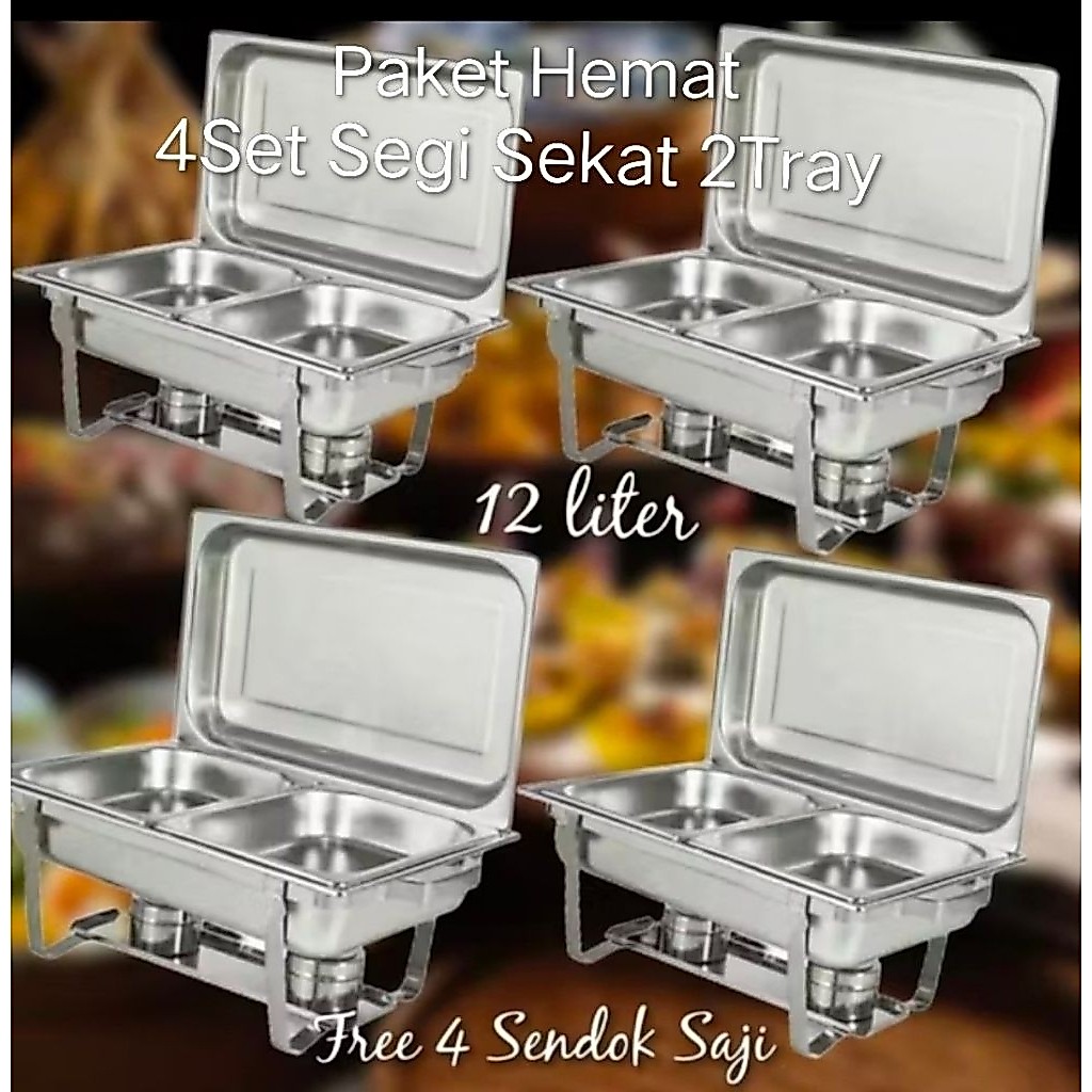 Chafing Dish / Prasmanan Segi Jumbo Sekat 2Tray Paket Hemat 4Set + Bonus 4Pcs Sendok Sayur  Premium 