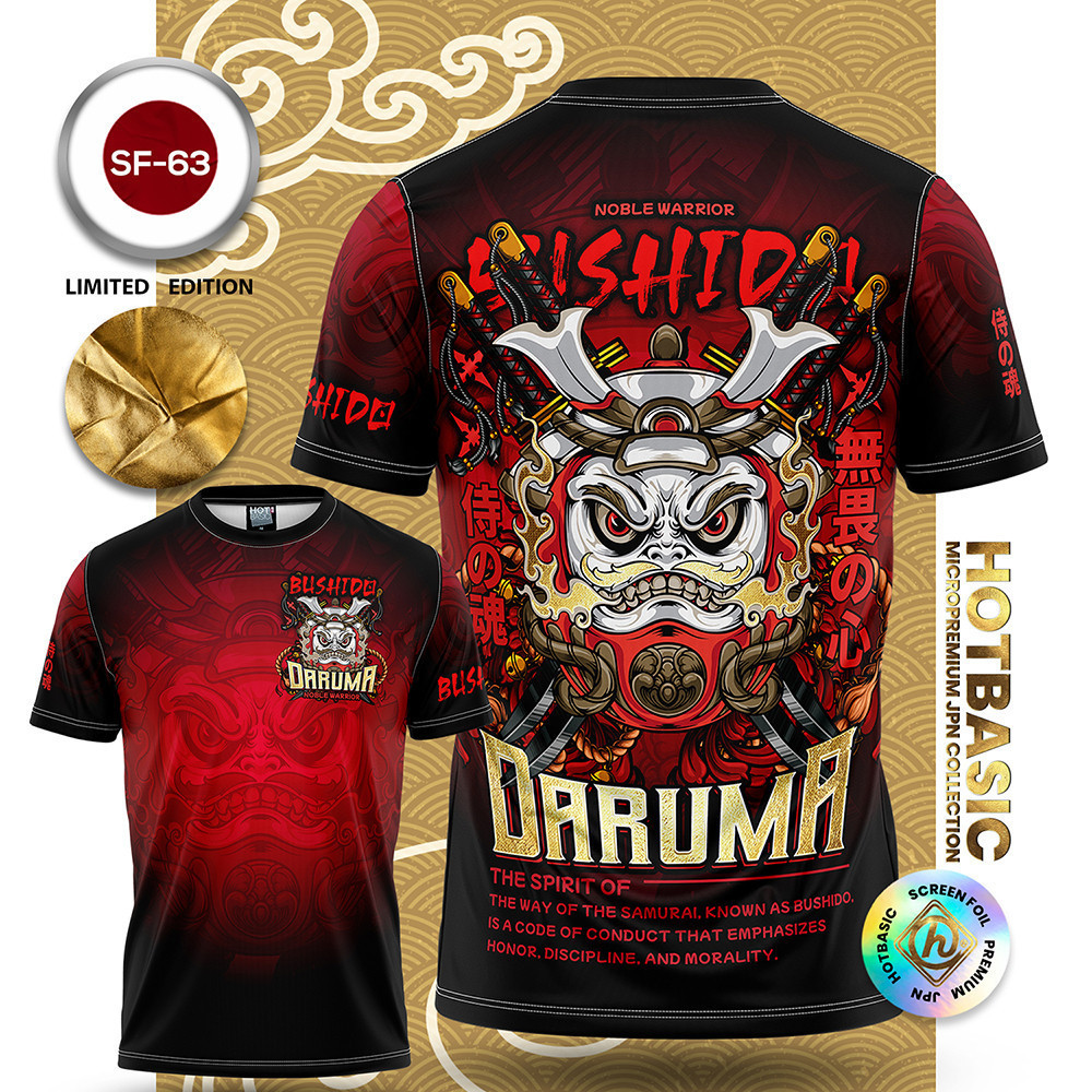Kaos DARUMA BUSHIDO | Sablon foil emas | Bahan mikro cepat kering, nyaman dipakai | Gaya busana jala