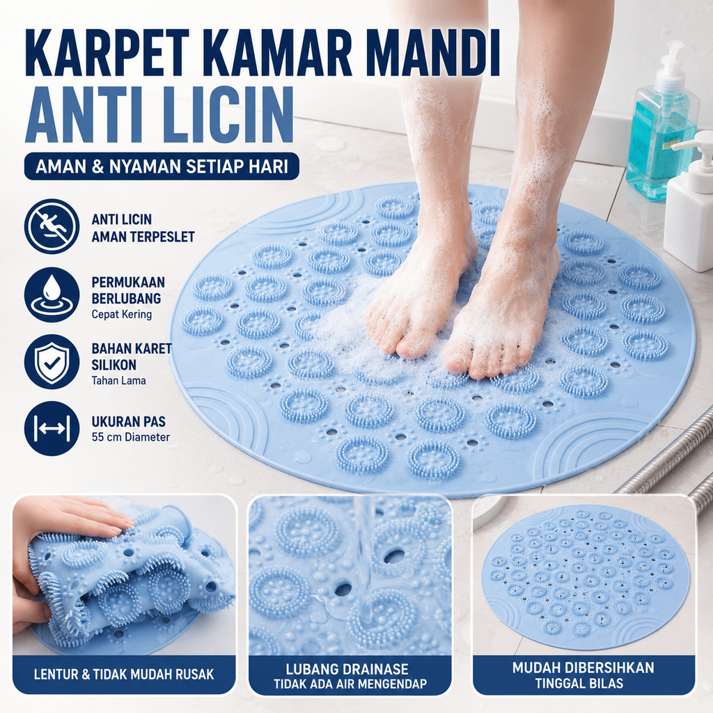 Karpet Kamar Mandi Anti Slip Silikon Bulat 55cm Drainage Mat Quick Dry Alas Kaki Anti Licin Tahan Ai