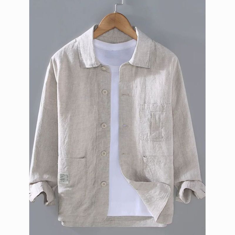 Jaket kemeja linen pria, lengan panjang, ringan, kasual, potongan longgar, ukuran besar, jaket katun
