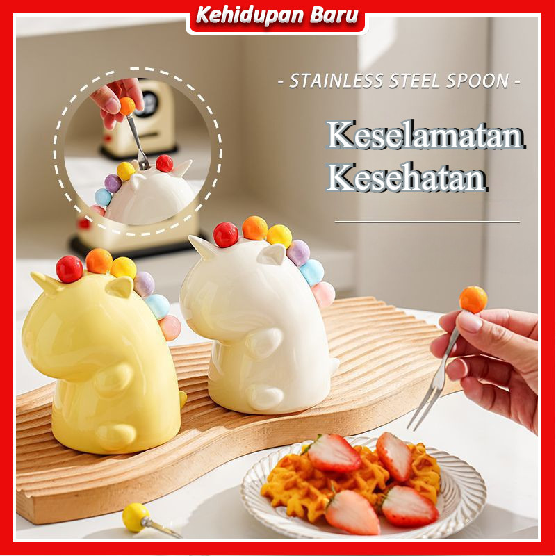 Ready-Set Wadah Garpu Buah Keramik Unicorn Pelangi dengan Garpu Mini Stainless Steel – Hiasan Meja d