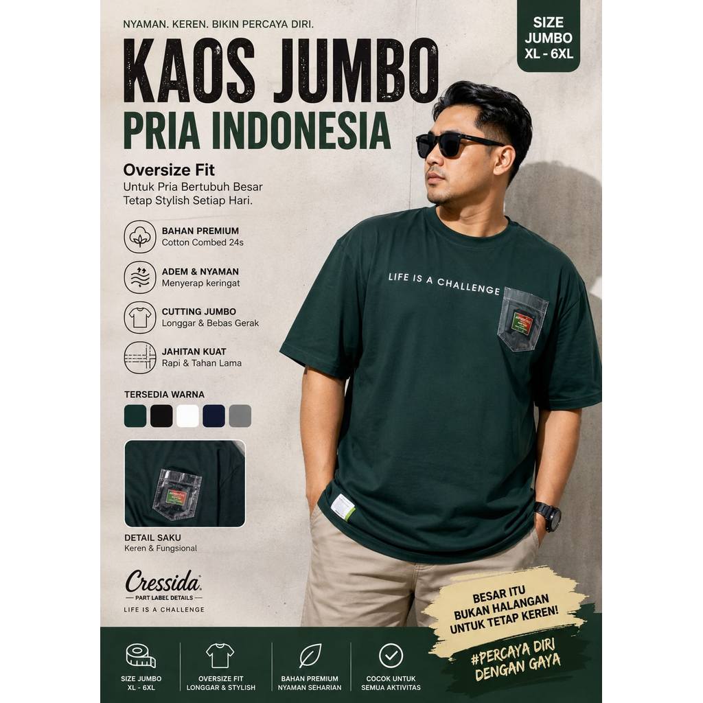 SumberRejekiJeans KAOS T-Shirt Jumbo Cressida Pria Lengan Pendek BIG SIZE 2XL 3XL 4XL 5XL