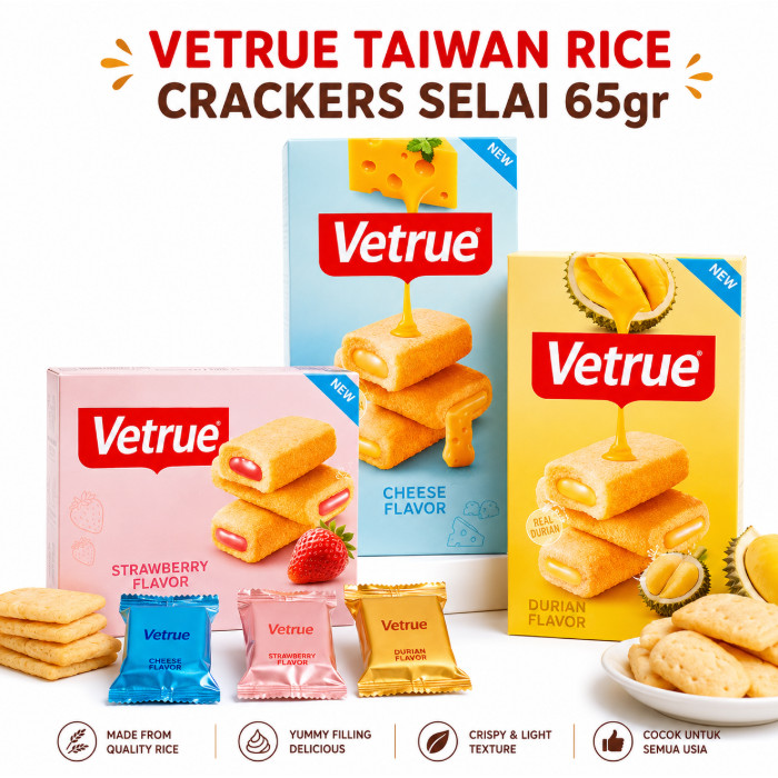 Vetrue Stuffed Rice Crackers 66gr Durian Strawberry Cheese Snack Taiwan Renyah Rice Crackers Halal B
