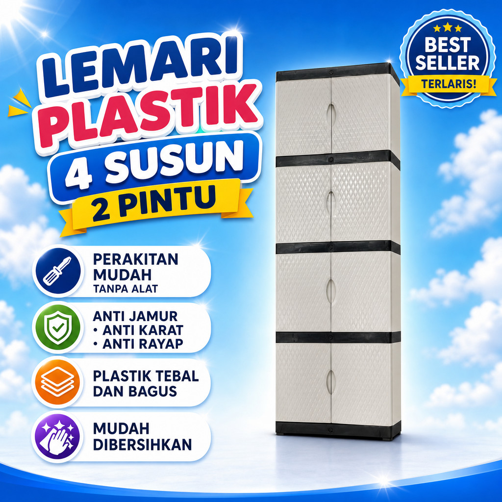 Lemari Plastik - Lemari Pakaian Plastik - Lemari Plastik Susun - Lemari Plastik 4 Susun - 2 Pintu