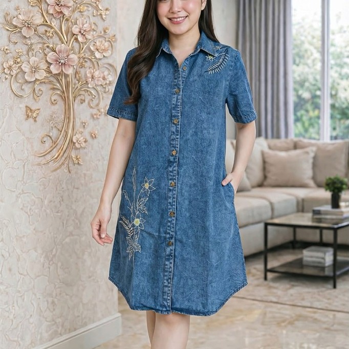 Dress Jeans Lengan Pendek Jumbo Bordir Bunga Daun Premium Wanita  Kancing Depan
