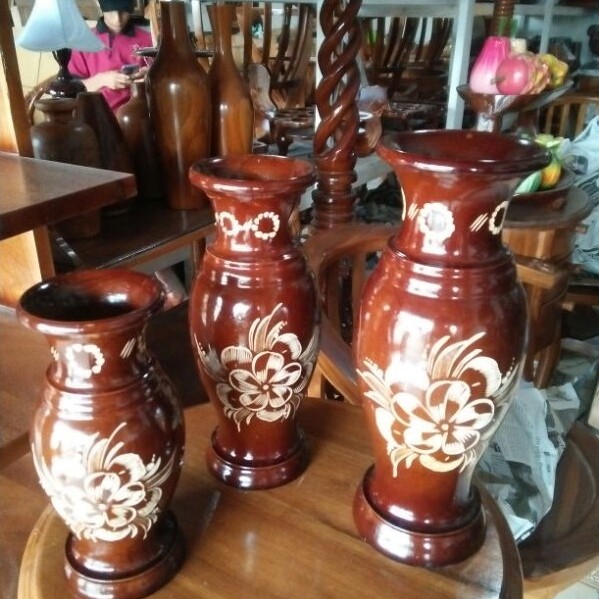 fas pot bunga guci merak dari kayu jati (1 set 3 barang)