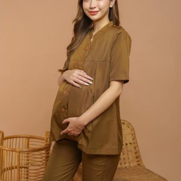 Baju Kerja Hamil Pemda Khaki Tua Tangan Pendek Wanita Katun Setelan Celana Panjang Katun