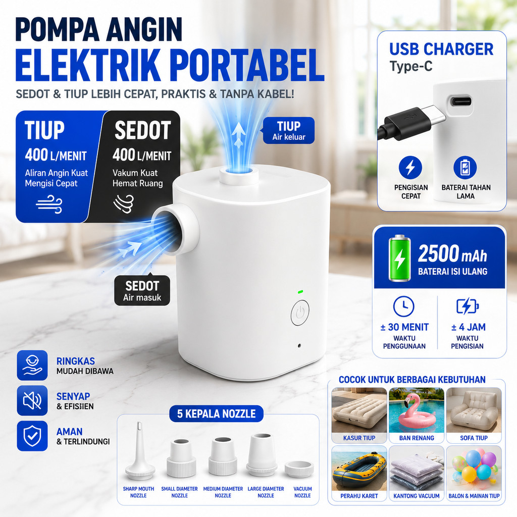 Pompa Angin Elektrik 25W Baterai 2500mAh 400L/Min Untuk Ban Renang Kasur Sofa Balon Tiup Portable Mi