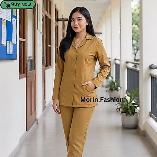 Setelan Baju Kemeja Pemda Dinas PDH PNS Wanita Model Warna Khaki Muda Terpopuler
