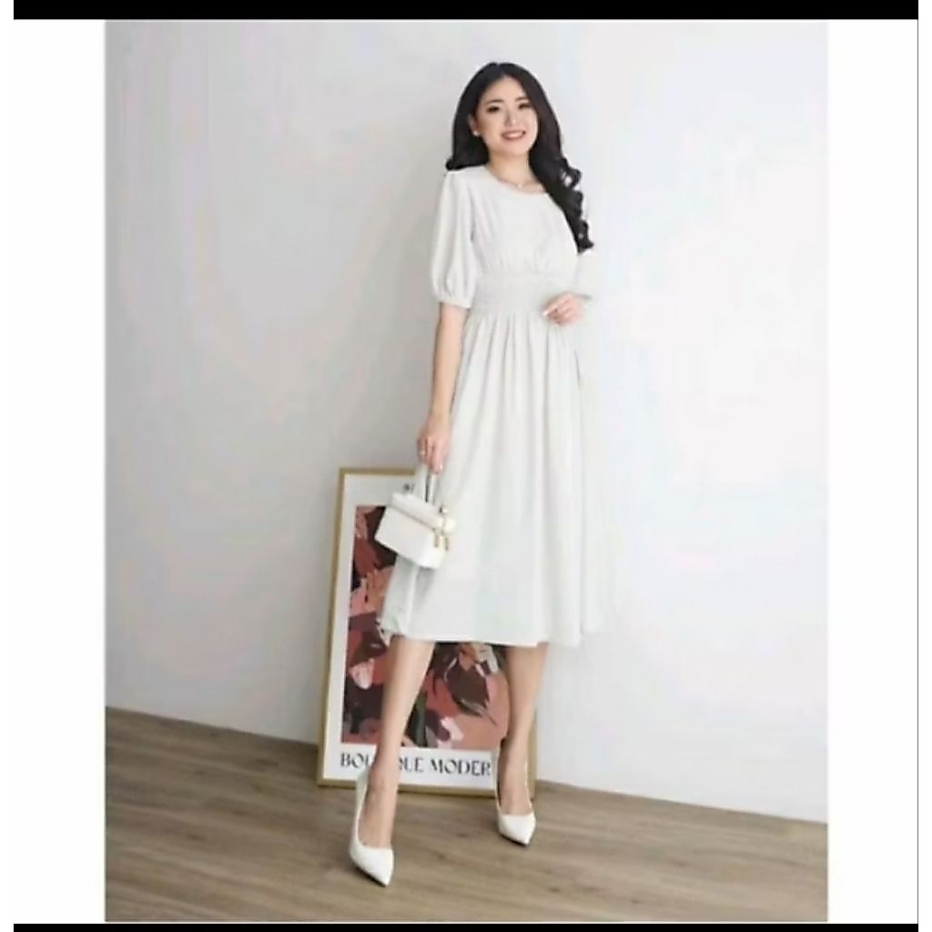 Big Sale Soora Midi Dress Wanita, Dres Pesta Lengan Karet