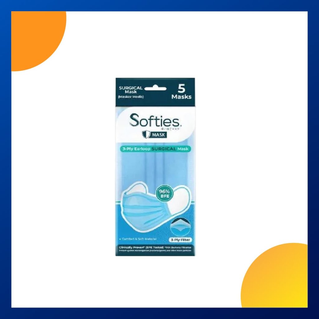Softies 3ply Surgical Mask Earloop Biru Pack 5 Pcs