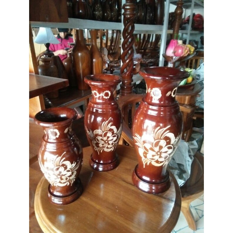 Fas Pot Bunga Guci Merak Dari Kayu Jati (1 Set 3 Barang)