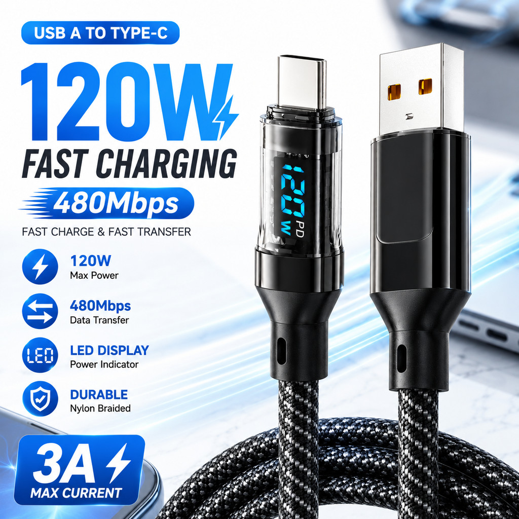 Kabel Data Fast Charging 120W 3A USB Type A ke Type C LED Display 480Mbps Braided Kuat Anti Kusut Ch