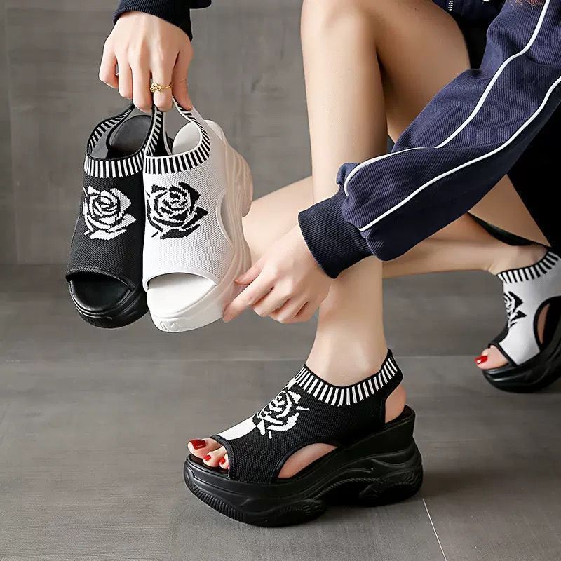 YJH Wedges sandals Rose Flower tINGGI 9Cm Sandal Wanita Casual Black White Fashion Korea WG8077