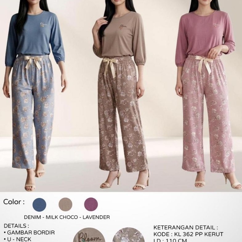 Anne Claire Setelan Kulot Rose Flower U - Neck - KL 362 PP Lengan Kerut - Setelan Kulot Lengan Panja