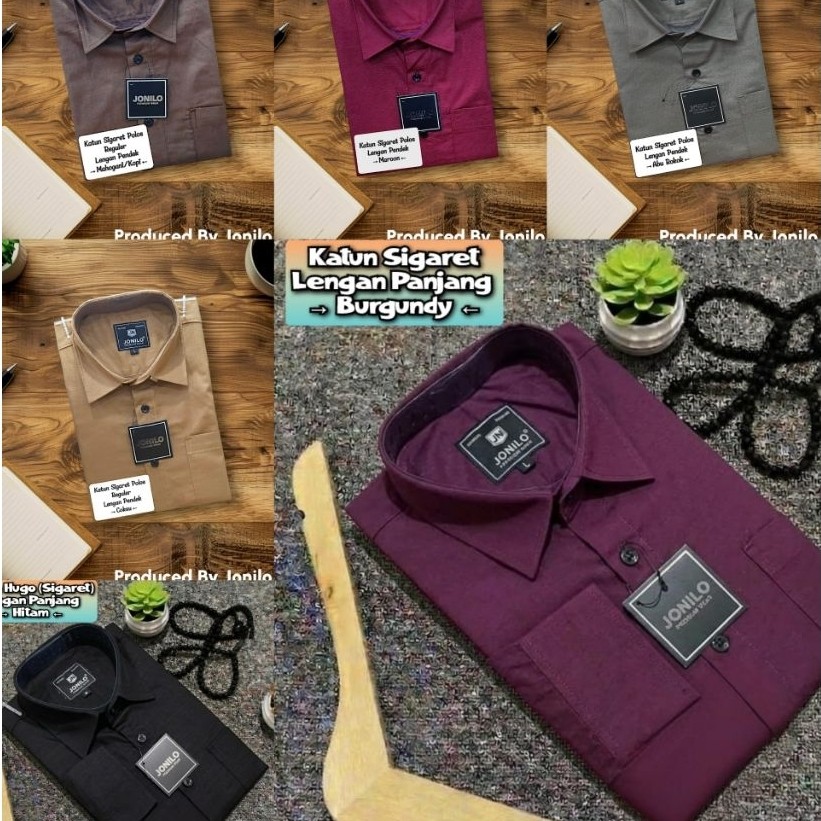 ​Kemeja polos Pria bahan Katun Sigaret Premium Lengan Panjang ( Warna hitam , abu rokok , mahogani c