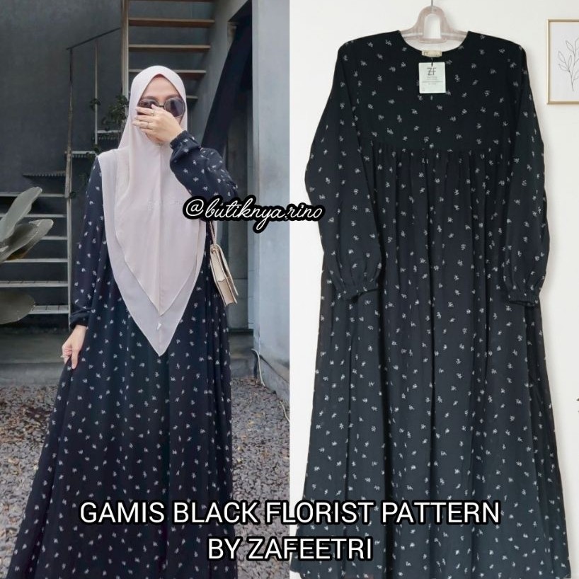 GAMIS BLACK FLORIST PATTERN BY ZAFEETRI (GAMIS SAJA) // GAMIS SYARI CERUTTY MOTIF