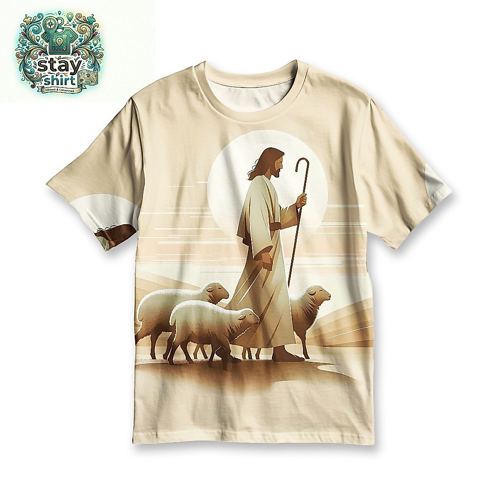 STAYSHIRT Kaos Fullprint Yesus Gembala Domba Cream-Baju Kaos Rohani Yesus Gemabala Domba Baik - KSTY