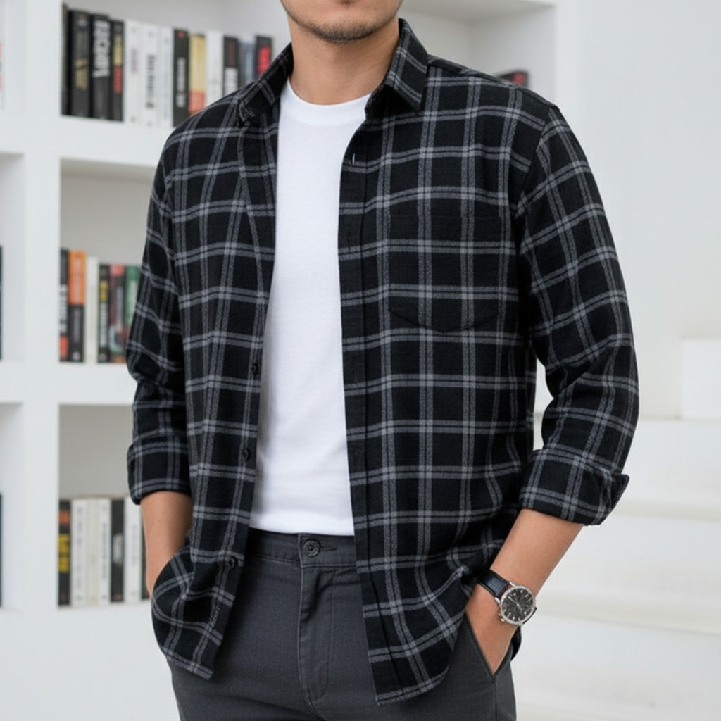 Kemeja Flanel Lengan Panjang Hitam Garis Abu Motif Garis Raja Flanel