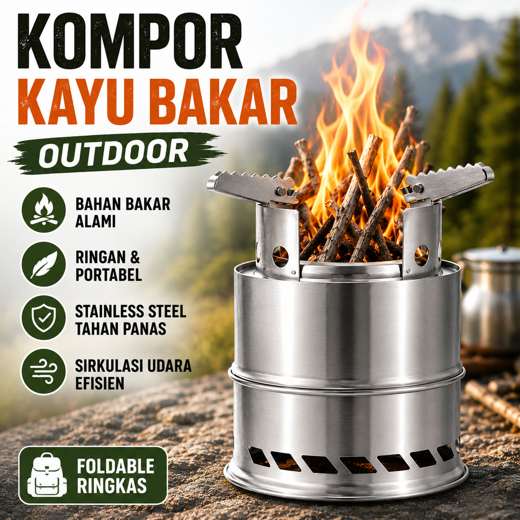 Kompor Kayu Bakar Outdoor Stainless Steel Wood Burning Biomass Stove Kompor Lipat Camping Alat Masak
