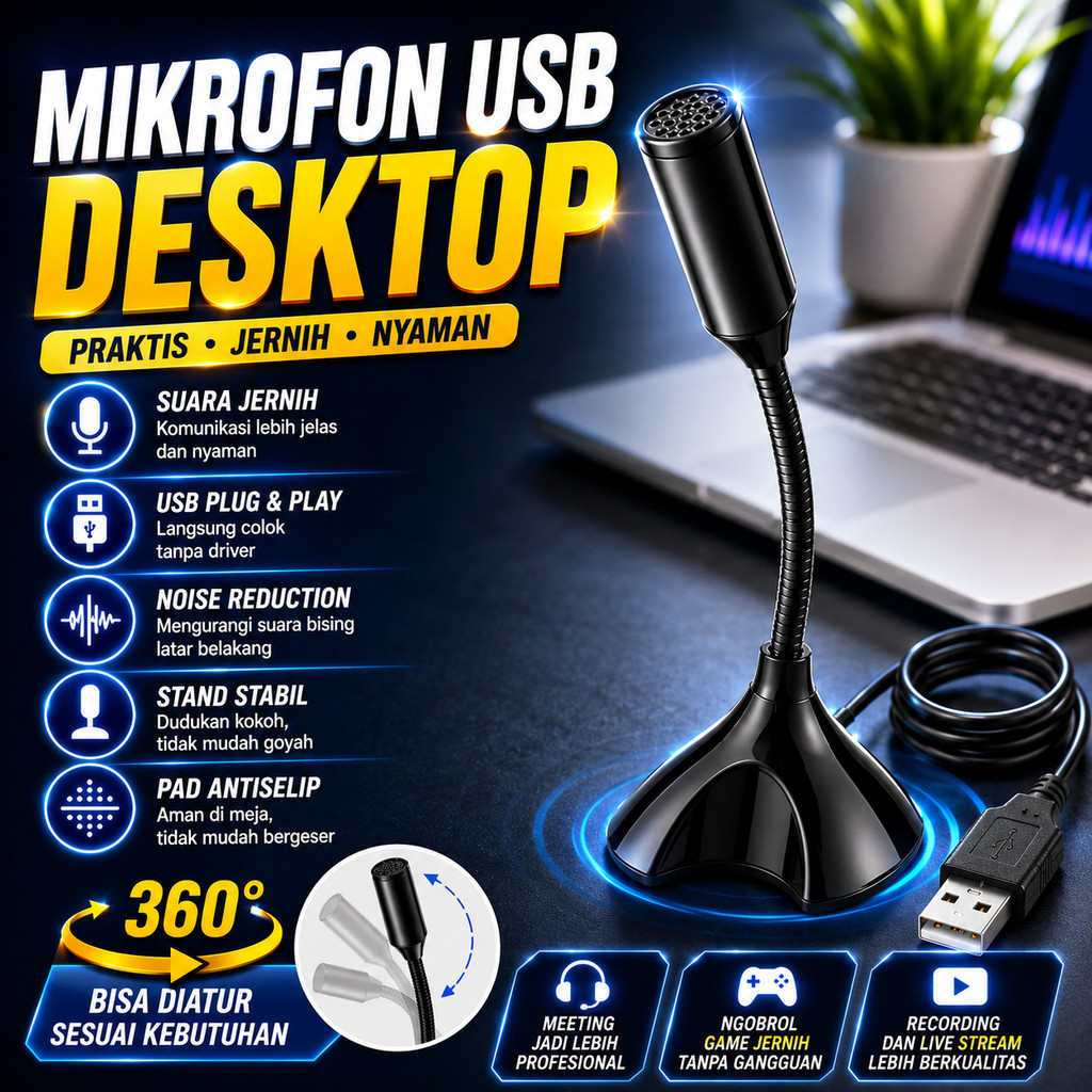 Mikrofon USB Desktop Noise Reduction Stereo Jernih dengan Stand Anti Slip untuk Laptop PC Zoom Meeti