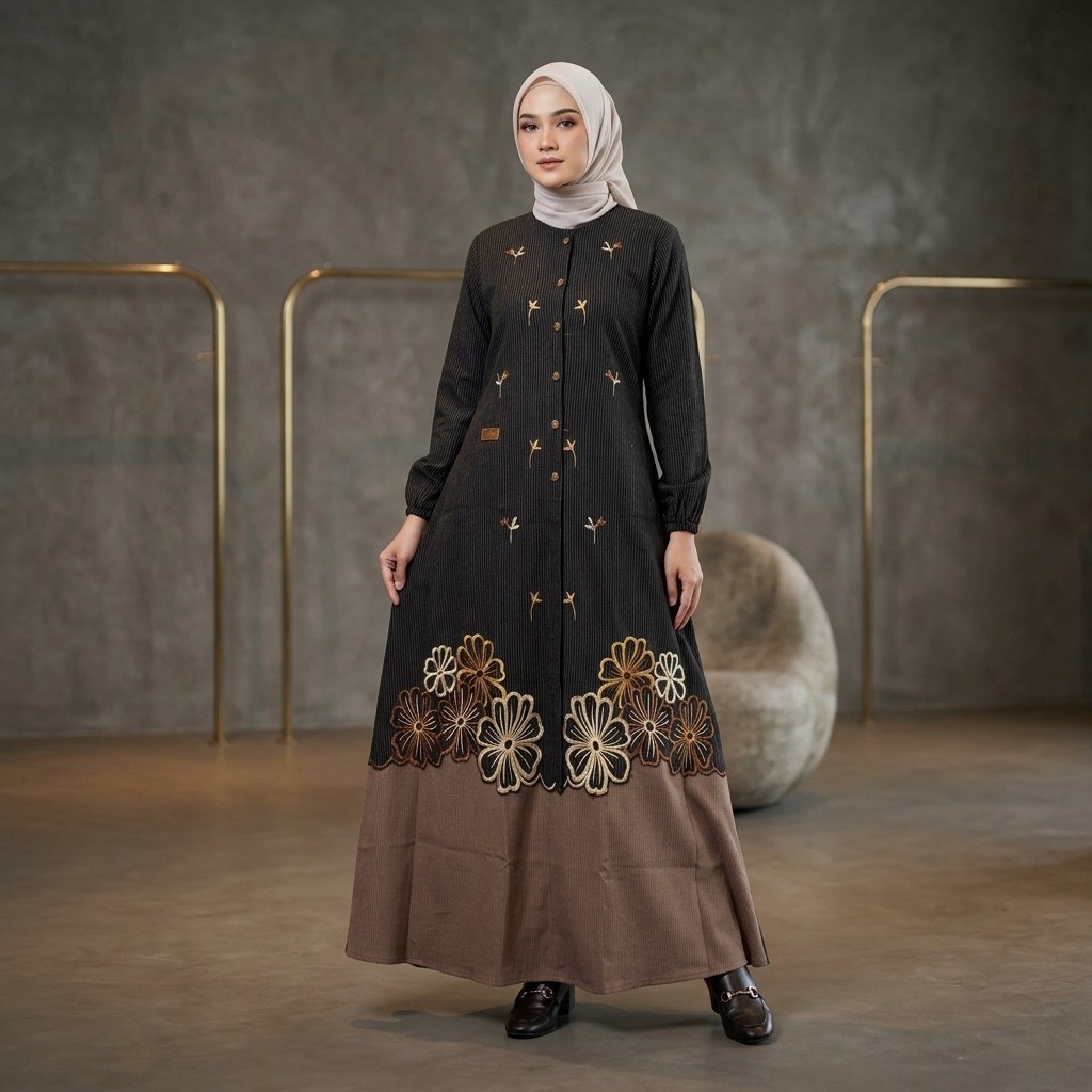 Gamis Amanda Shadira Bahan Bugatti Salur Bordir Tabur Bunga (Free Pouch, Goodie Bag)