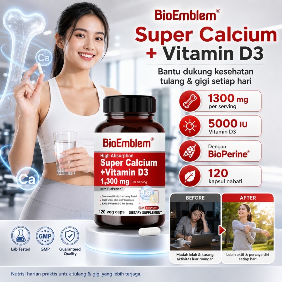 BioEmblem Suplemen Kalsium Vitamin D3, 120 Kapsul Vegetarian, Super Calcium 1300mg Calcium Citrate M