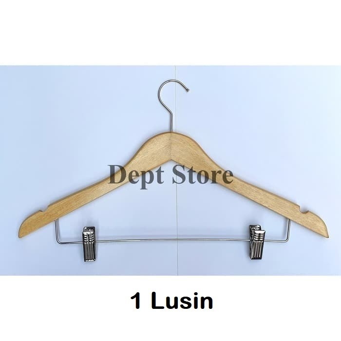 Hanger Kayu Jepit Besi (1 Lusin) Gantungan Baju Model Palang Jepit Besi Setelan