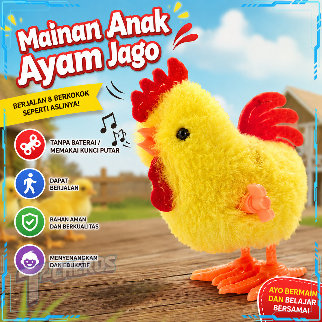 Mainan Anak Ayam Jago Berjalan Kunci Putar Jam Tanpa Baterai Bulu Halus Mainan Bayi Lucu Plush Toy