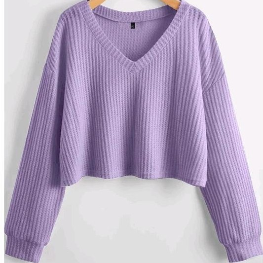 Sweater Crop Top waffle kerah V new arrifal Baju Nyaman Atasan Wanita setengah dada Simple