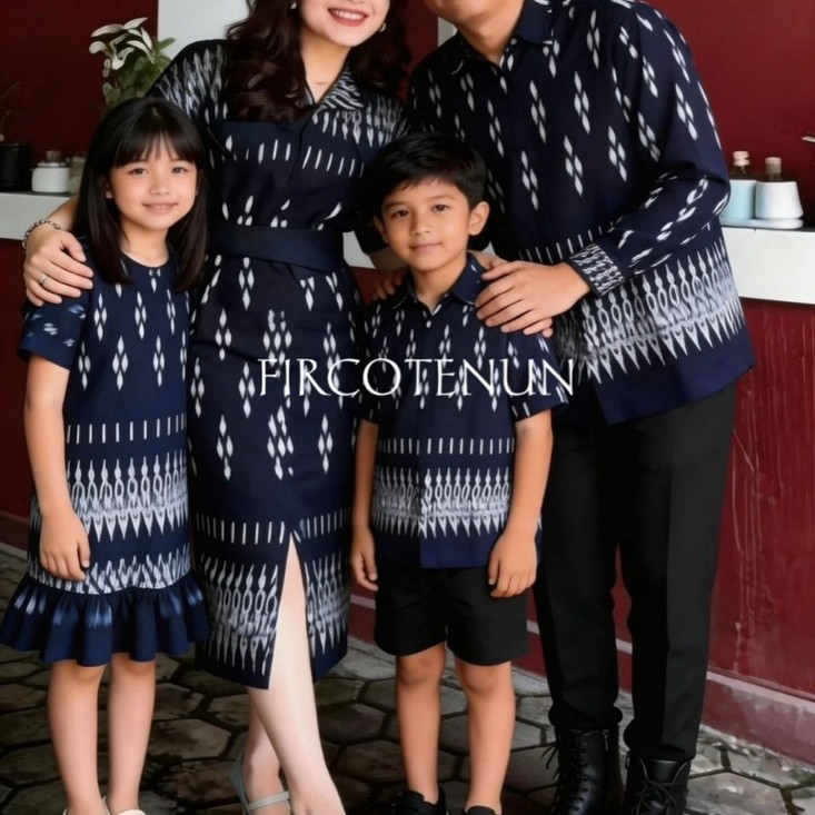 Couple Keluarga Tenun Mahalini Navy - Sarimbit Keluarga Tenun - Kemeja Tenun Pria & Dress Tenun Wani