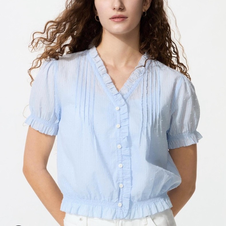 UNIQLO Women Katun Dobby V Neck Blouse Wanita FREE Paperbag