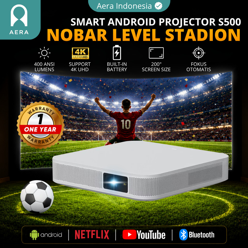 Aera Proyektor Android Mini DLP S500 Android 400 Ansi Lumens RAM 2/32 GB Build in Battery 15000 mAh 