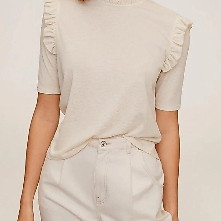 PRELOVED MNG Mango Broken White Short Sleeve Ruffle Blouse Top Fashion Wanita Basic