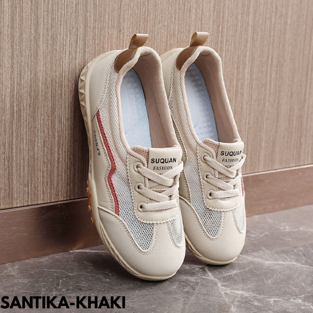 Sepatu Sneakers Wanita Casual Cantik Praktis Nyaman Kece Simple Bahan PU Kombinasi Mesh Santika