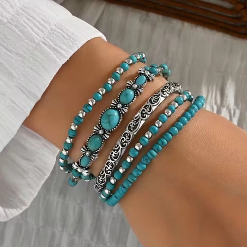 Set Gelang Manik-manik Hiasan Batu Pirus Gaya Boho untuk Wanita, Perhiasan Rantai Manik-manik Batu A