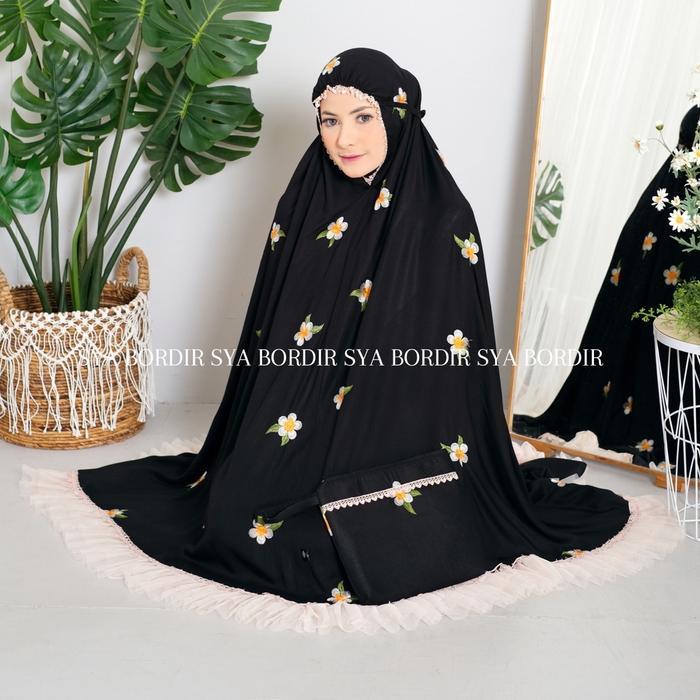 PROMO  SYA BORDIR - Mukena Dewasa Mewah Bordir Mahalini Rayon Premium - Hitam, DEWASA