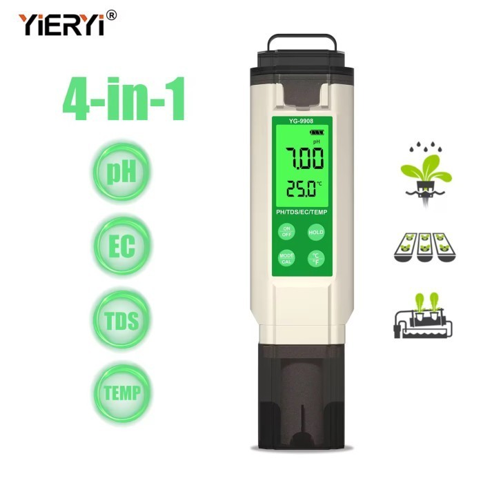 Alat Ukur Digital 4 in 1 pH TDS EC Suhu Air Hidroponik Aquarium Akurasi Tinggi Backlight