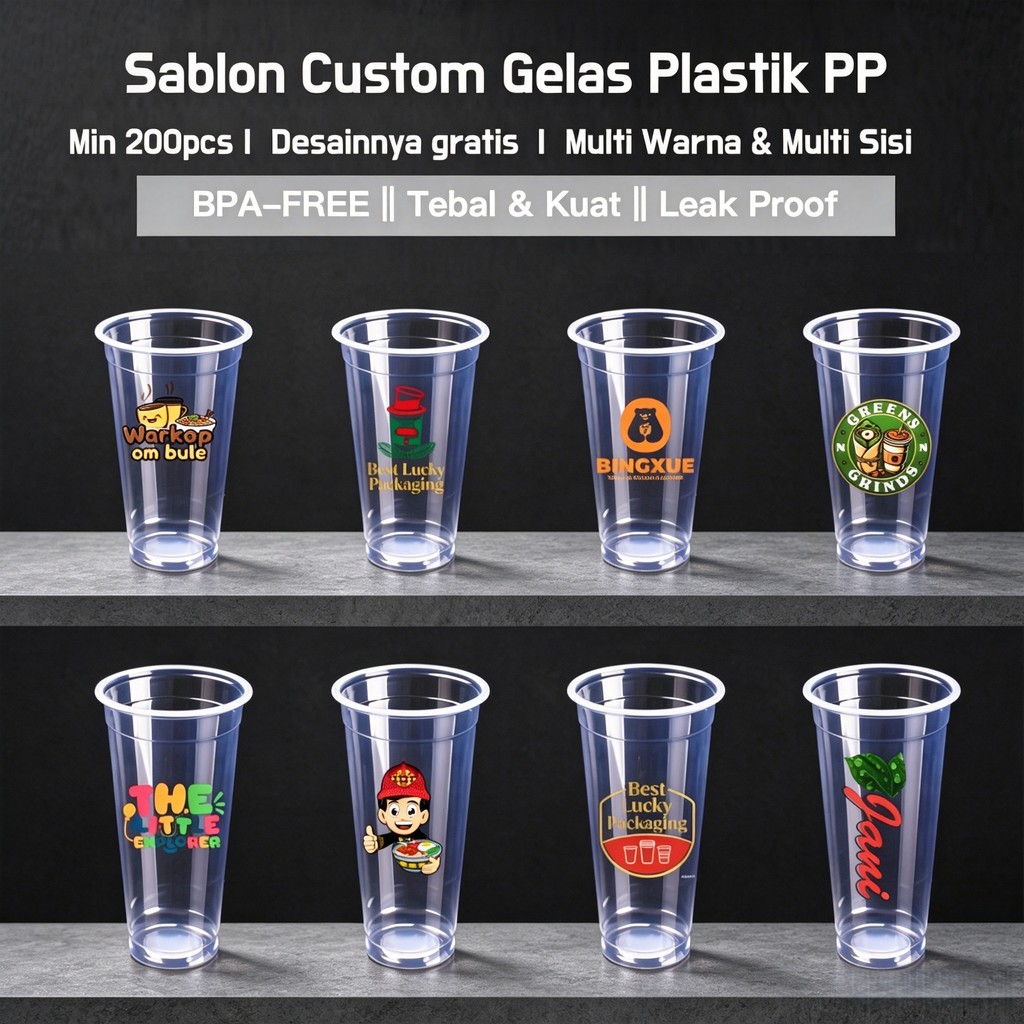 Custom Sablon Gelas Plastik PP 14oz 16oz 24oz | Cup Kopi, Boba & Minuman Dingin | Multiwarna & Multi
