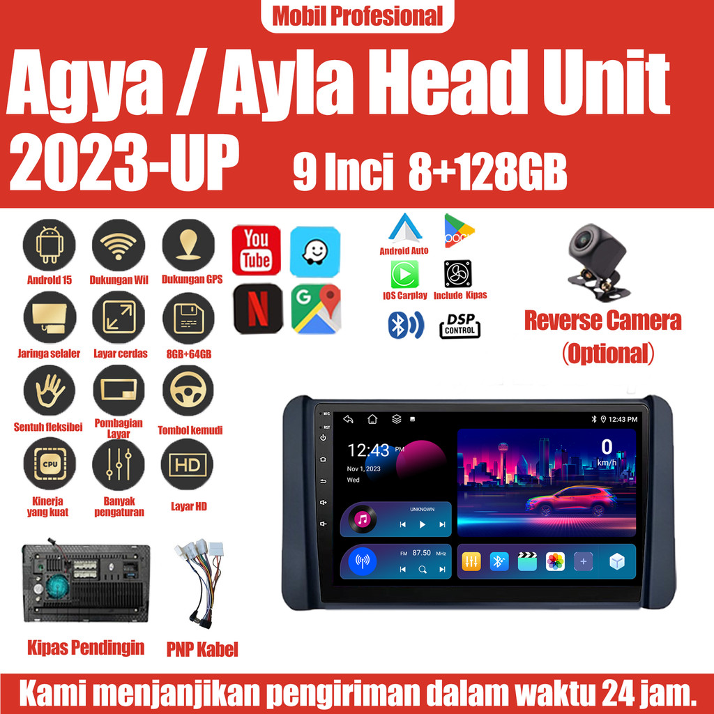 Android 15 Head Unit 9" IPS for Toyota Agya / Ayla 2023-up Head Unit 8 ChipNuklir 8+64GB/8+128GB And