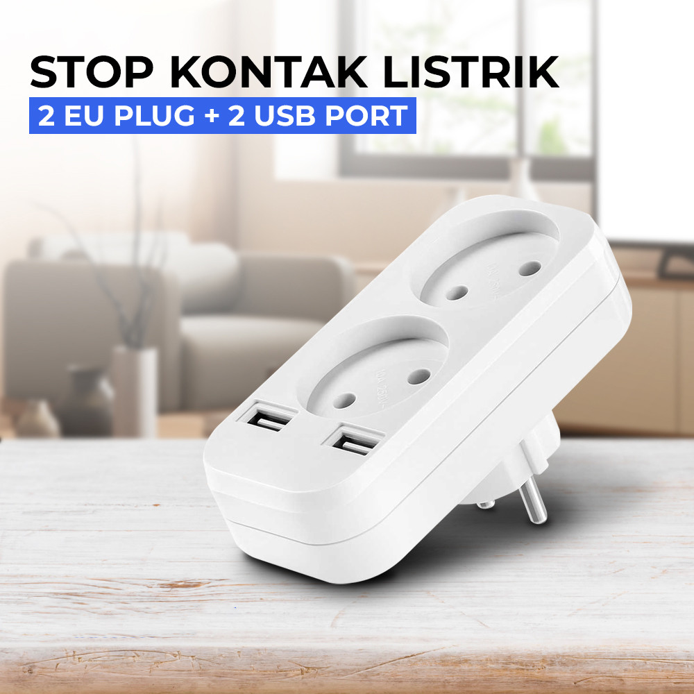Stopkontak Dinding 2 Lubang + 2 USB Port Charger Multifungsi