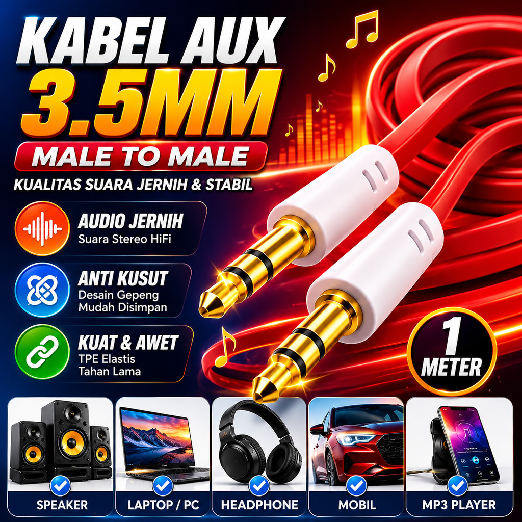 Kabel AUX 3.5mm TRS Male to Male Audio Jack Speaker Laptop PC HP Headphone Kabel Audio Gepeng Flat N