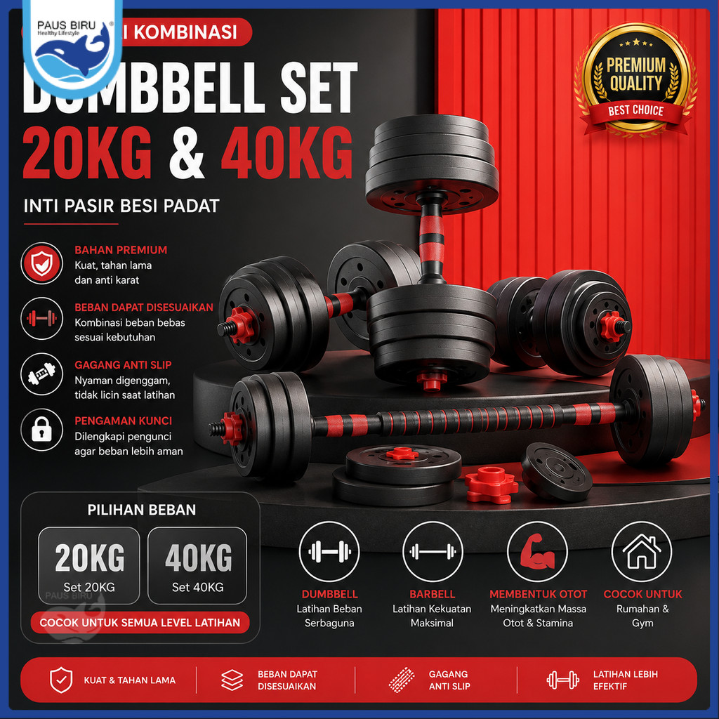 Paus Biru - Dumbbell Set 20/40KG Barbel Gym Adjustable Home Workout Alat Fitness